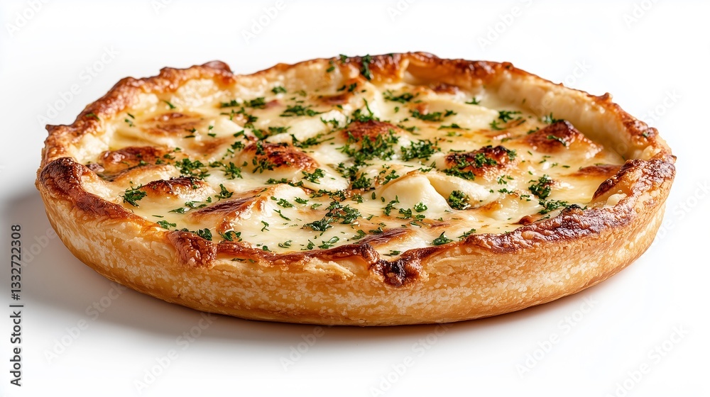 Freshly baked tarte flambée topped with melted cheese and parsley, served on a white background. Freshly baked tarte flambée topped with melted cheese and parsley, served on a white background.