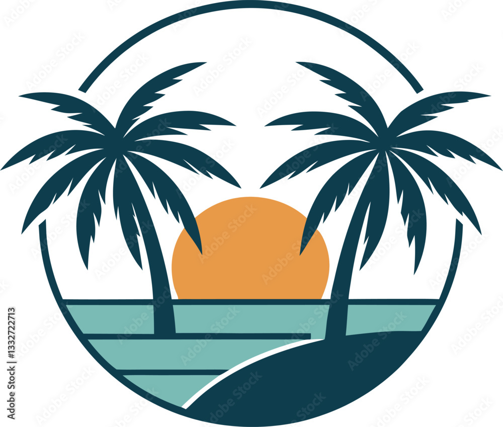 custom made wallpaper toronto digitalMinimalist tropical beach sunset vector with palm trees, ocean waves, and sun in a circular emblem for travel, vacation, and nature themes

