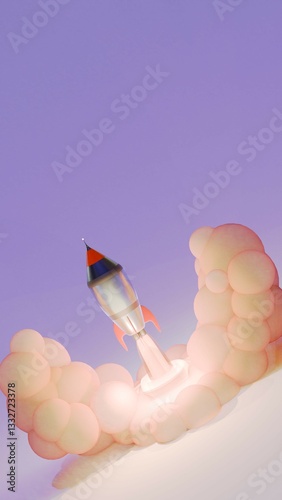 3D rocket launching with smoke explosion in a minimalistic purple background