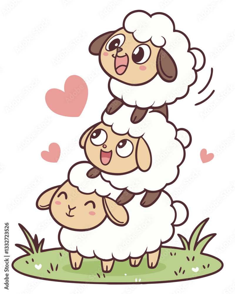Fototapeta premium Adorable cartoon sheep stacked on top of each other, featuring a kawaii farm animal illustration in a relaxing and playful design. 