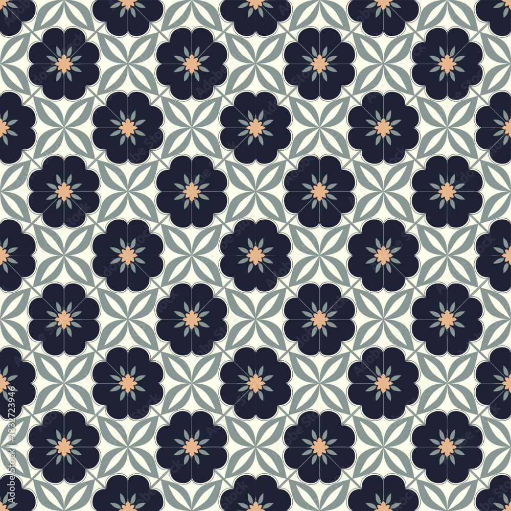 Fototapeta premium Intricate Navy and Beige Ornamental Tile Seamless Pattern with Symmetric Details