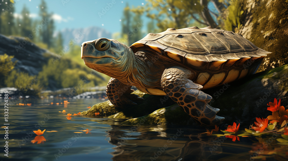 Turtle basking on a rock near water with scenic landscape Turtle basking on a rock near water with scenic landscape