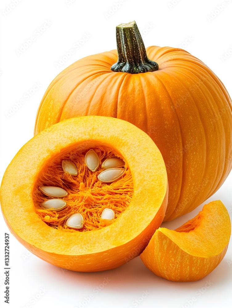Fresh pumpkin showing seeds and pulp on white background Fresh pumpkin showing seeds and pulp on white background