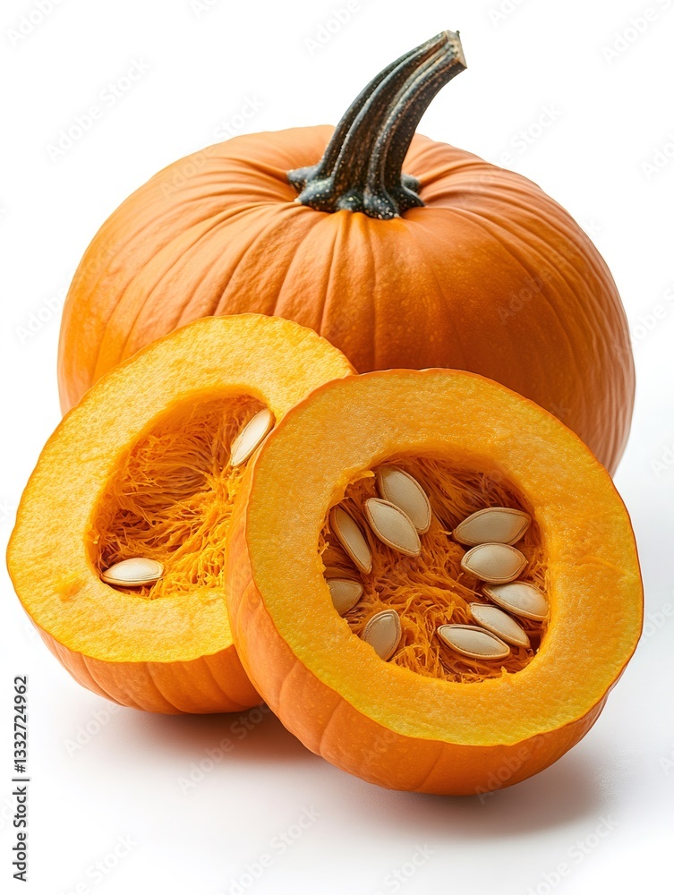 Whole pumpkin and two halves showing seeds and pulp Whole pumpkin and two halves showing seeds and pulp