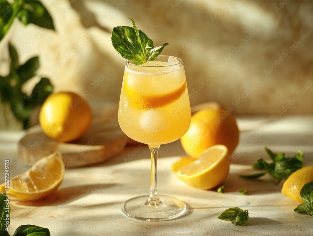 Fototapeta premium Cocktail Glass with Slices of Lemon and Mint