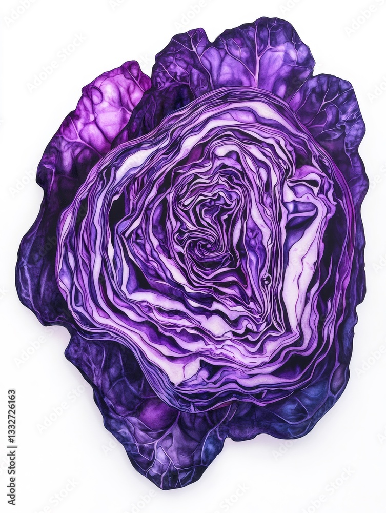 Obraz premium Red cabbage showing concentric purple and violet layers on white background