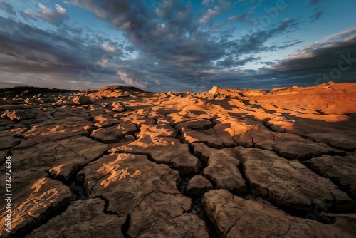 Seismically altered landscape with cracked earth and dramatic shadows under an overcast sky