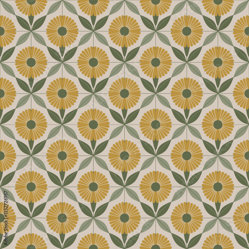 Wallpaper Mural Bold Golden Yellow and Beige Floral Tile Seamless Pattern with Decorative Motifs Torontodigital.ca