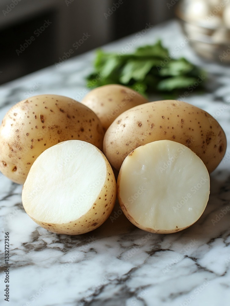 Fresh potatoes with halves showing white flesh on marble kitchen counter Fresh potatoes with halves showing white flesh on marble kitchen counter