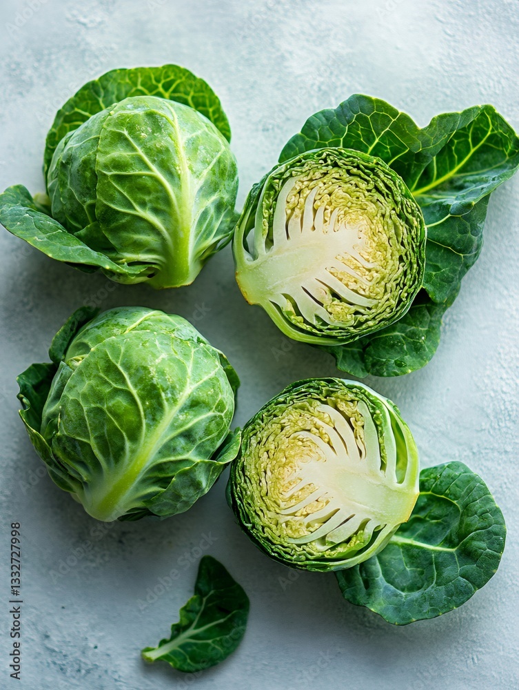 Fototapeta premium Fresh brussels sprouts showing cross section on grey background