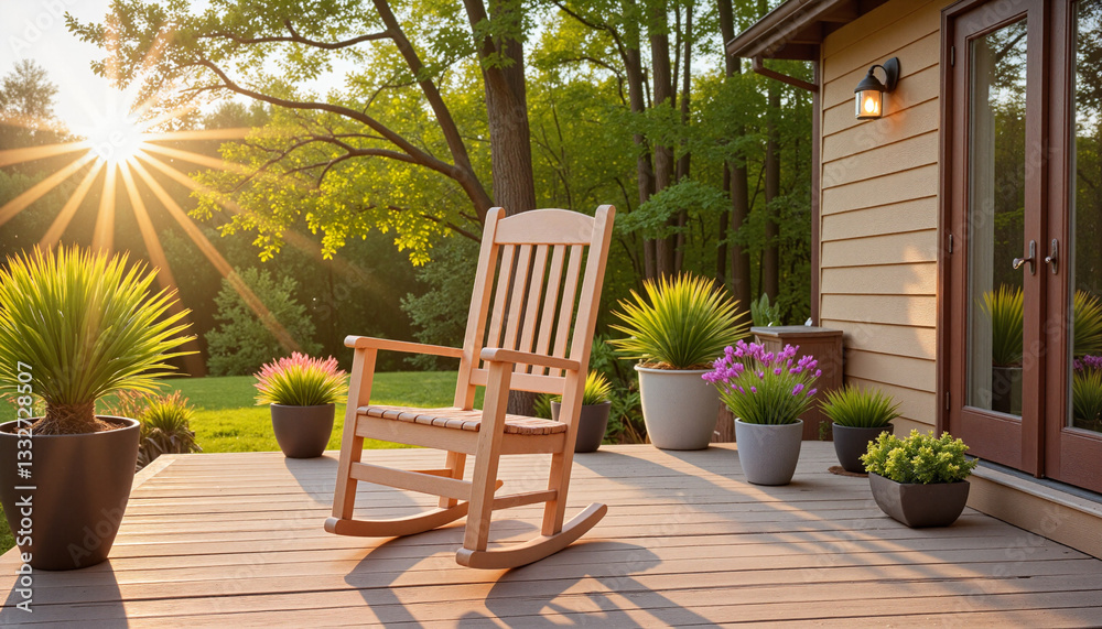 Elegant wooden rocking chair on back patio, surrounded by plants and warm morning sunlight Elegant wooden rocking chair on back patio, surrounded by plants and warm morning sunlight