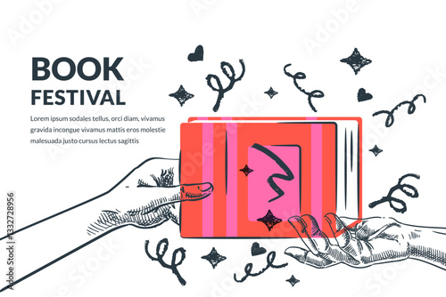 Hand passing book to another person. Vector hand drawn sketch illustration. Book festival bookstore banner poster design