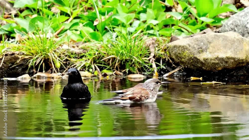 birds swimming in a pond surrounded by nature and plants birds swimming in a pond surrounded by nature and plants