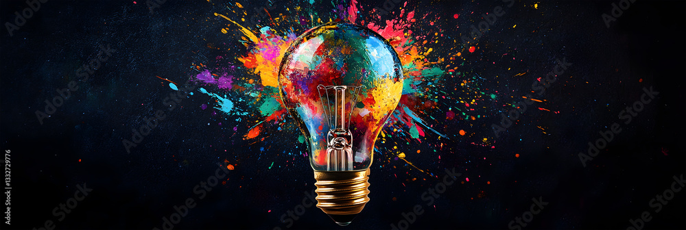 Fototapeta premium A colorful light bulb is surrounded by a colorful explosion of paint. Concept of creativity and inspiration, as the light bulb represents an idea or a spark of innovation