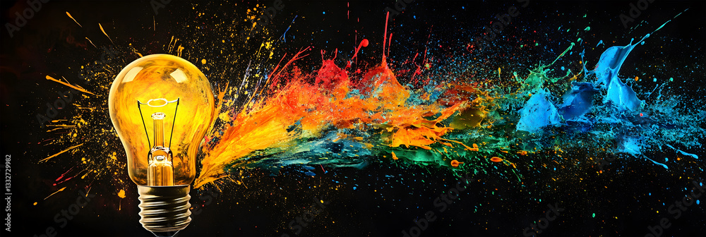 Fototapeta premium A colorful light bulb is surrounded by a colorful explosion of paint. Concept of creativity and inspiration, as the light bulb represents an idea or a spark of innovation