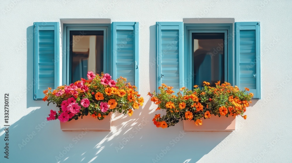 Naklejka premium Two light blue windows with flower boxes