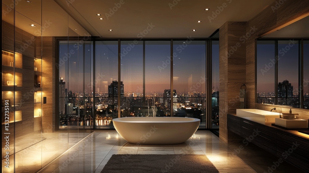 Fototapeta premium Luxury Penthouse Bathroom with Stunning City Night View