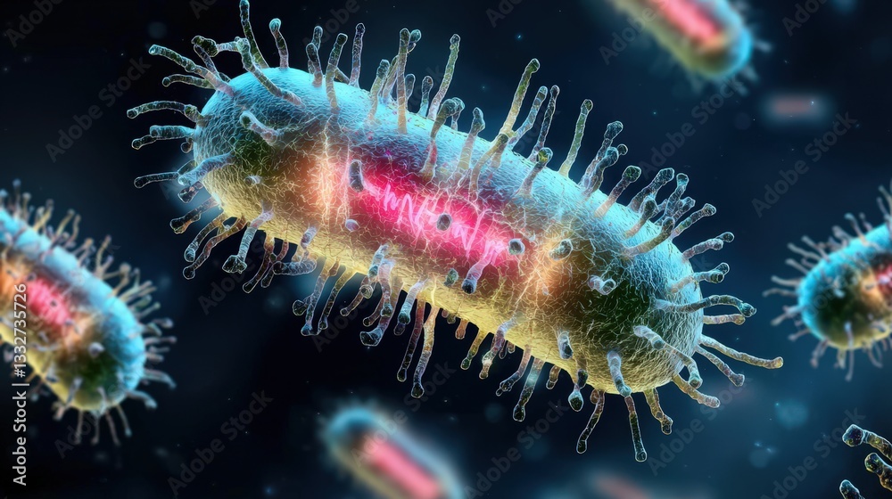 Glowing Bacteria concept. Microscopic view of colorful bacteria with glowing details. Glowing Bacteria concept. Microscopic view of colorful bacteria with glowing details.