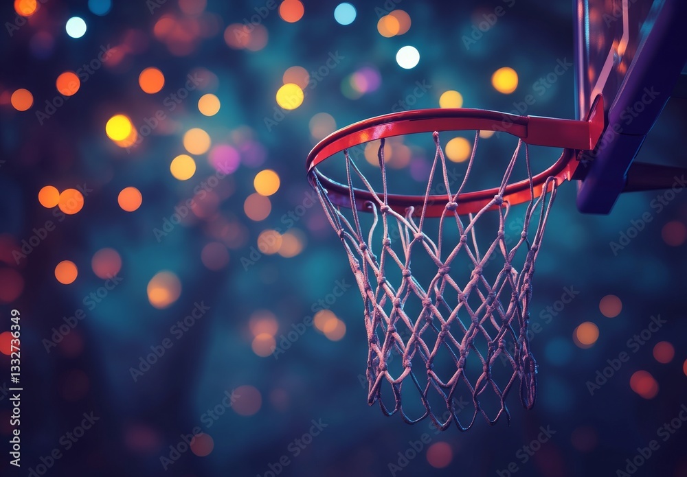 Basketball hoop with red rim and net against a dark bokeh light background. Basketball hoop with red rim and net against a dark bokeh light background.