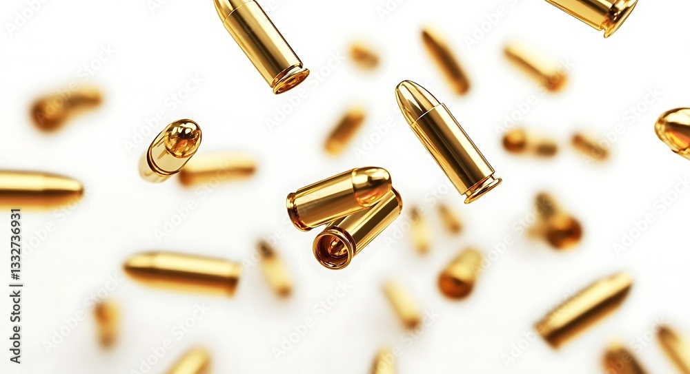 Photorealistic top view of bullets falling on a white background, showcasing dynamic motion and contrast between metallic surfaces and the clean backdrop. Photorealistic top view of bullets falling on a white background, showcasing dynamic motion and contrast between metallic surfaces and the clean backdrop.