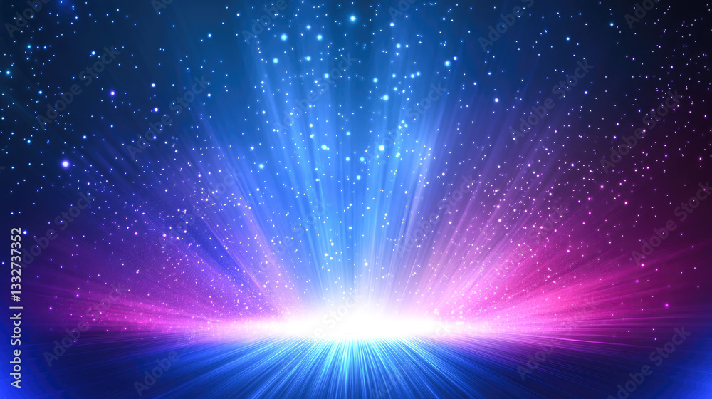 Fototapeta premium Vibrant cosmic burst: pink and blue light rays and radiant starry sky