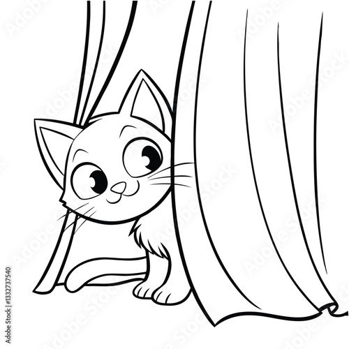 A mischievous kitten peeks out from behind a curtain