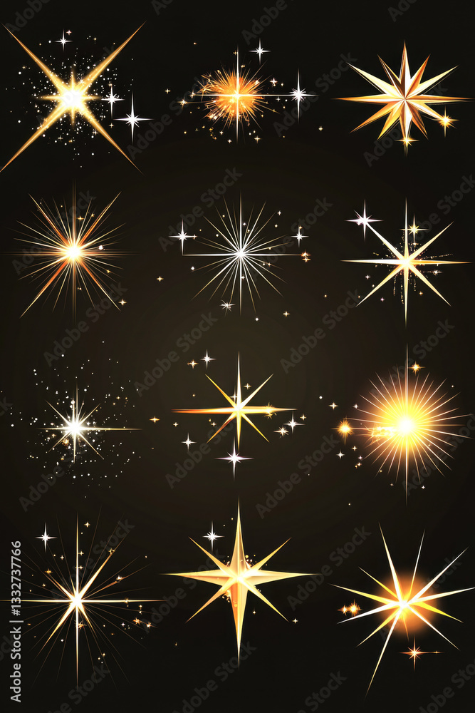 Fototapeta premium Collection of bright golden starburst patterns on black background