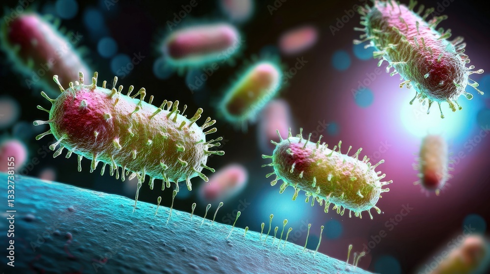 Fototapeta premium Glowing Bacteria concept. Microbial life in vibrant colors on a textured surface.