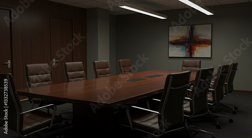 Conference Room Setting with Large Wooden Table and Leather Chairs