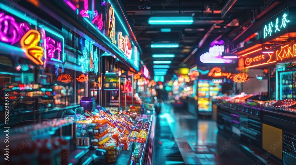 Obraz premium Neon Nightscape: Vibrant Asian Market at Night