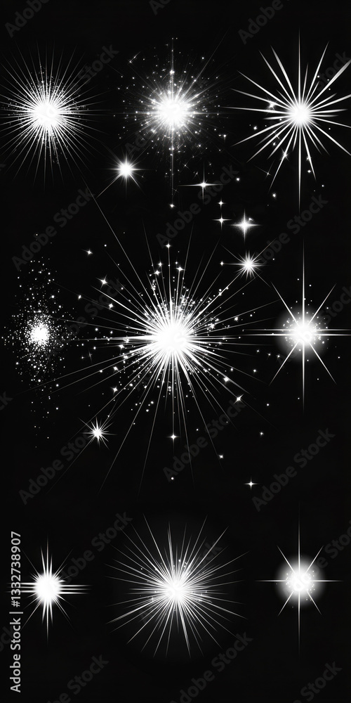 Naklejka premium Bright starburst patterns on a black background with radiant light effects
