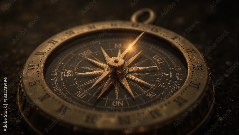 Fototapeta premium Magical golden compass with glowing needle for direction and strategy