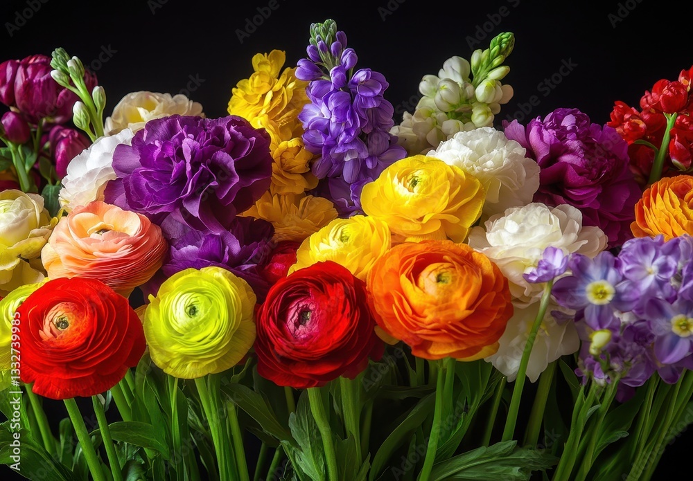 Obraz premium Vibrant Arrangement of Colorful Flowers in Full Bloom Showcasing Beautiful Ranunculus, Freesia, and Stock Varieties Against a Dark Background