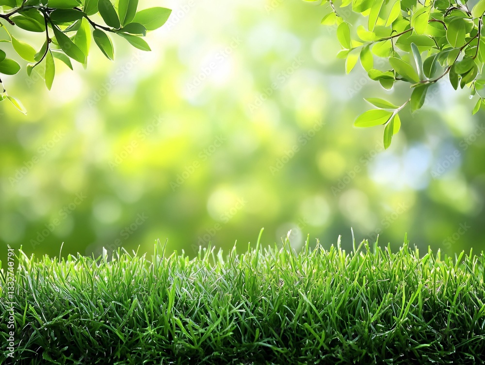 Obraz premium Fresh Green Grass with Leafy Branches Against a Soft Blurred Background