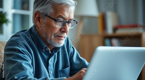 Senior man working on a laptop at home with glasses, smiling and using technology in a relaxed office setting