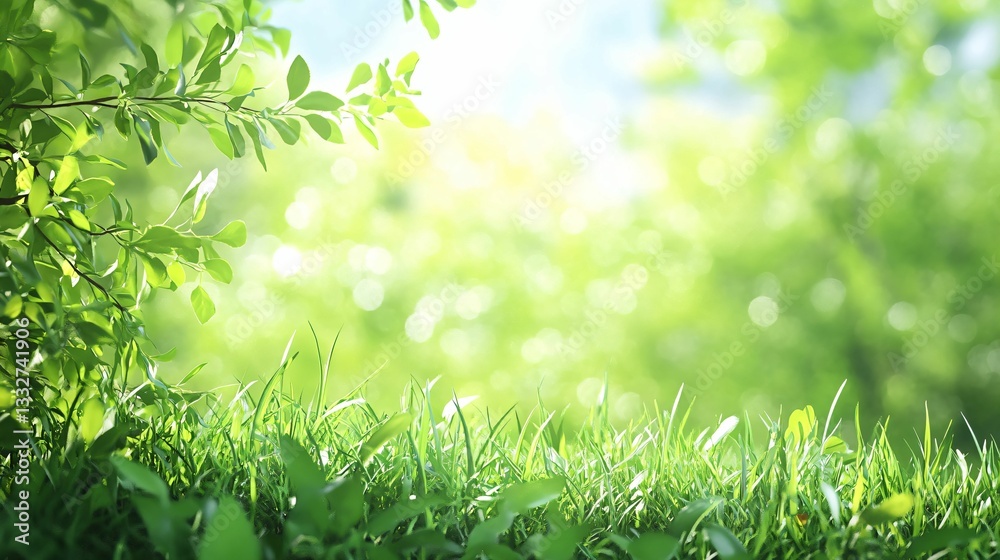 Lush Green Grass and Leaves with Soft Natural Light Background