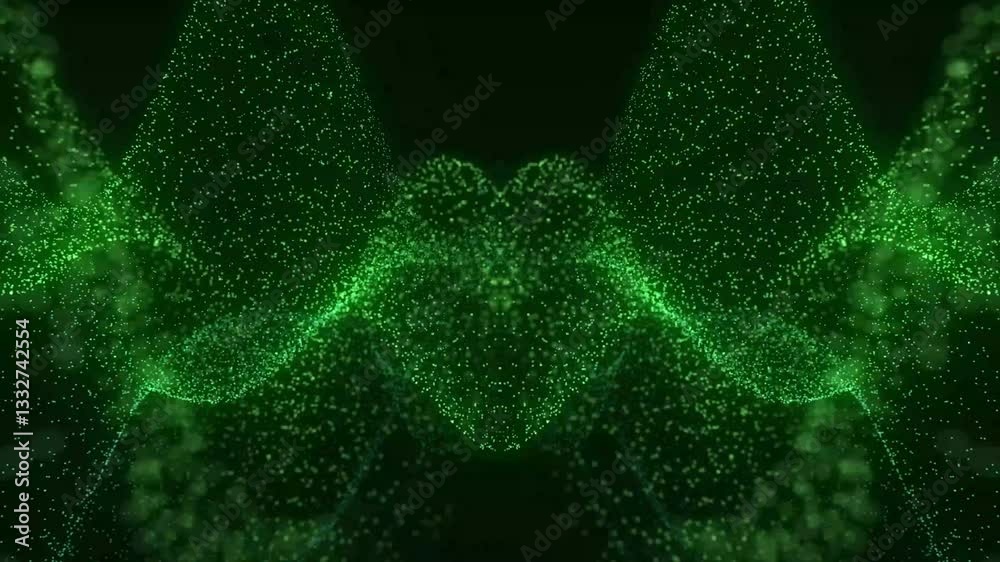 A kaleidoscopic visual effect with a green base color, featuring countless tiny glowing particles positioned randomly. These particles move in a structured yet fluid manner, forming mesmerizing digita