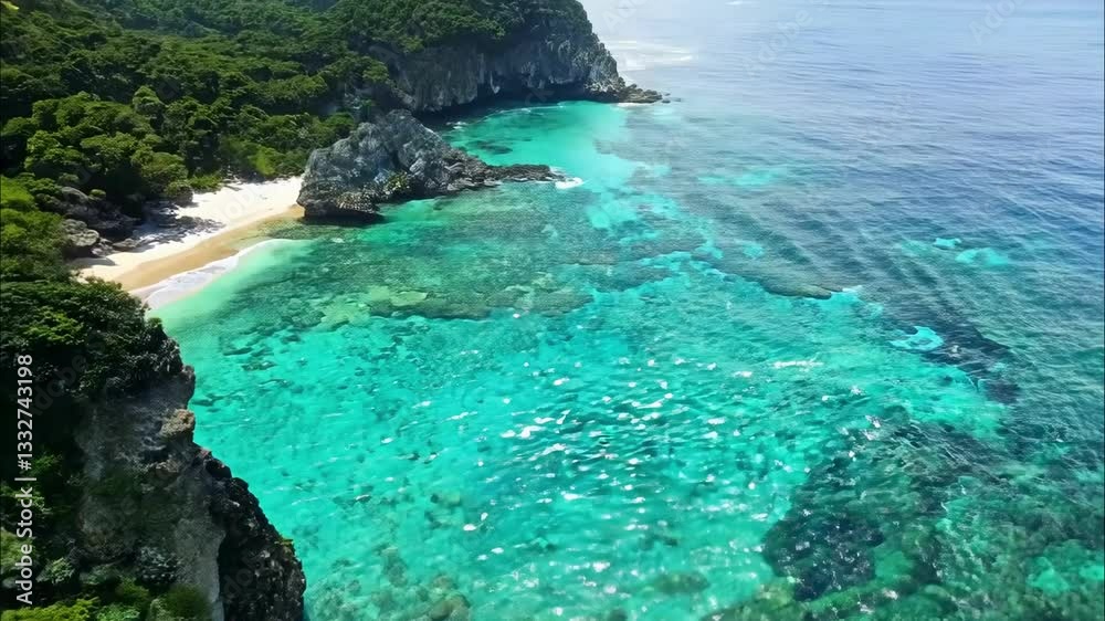 Stunning aerial view of a vibrant tropical beach with clear blue waters and coral reefs at midday Stunning aerial view of a vibrant tropical beach with clear blue waters and coral reefs at midday