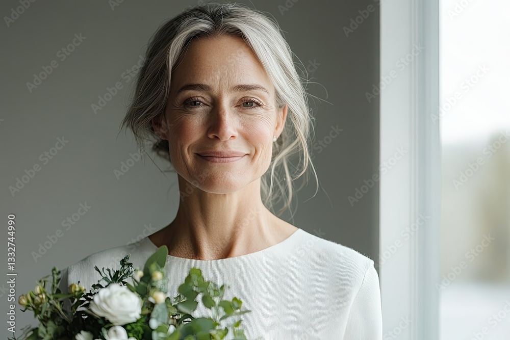 loving portrait of mother holding bouquet of flowers standing by window with sunlight streaming in her expression radiant loving portrait of mother holding bouquet of flowers standing by window with sunlight streaming in her expression radiant