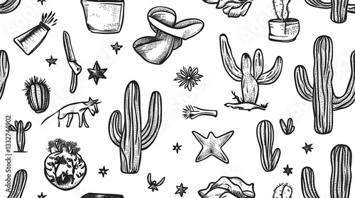 Seamless Minimalist Pattern Featuring Iconic Texas Elements Like Cacti, Stars, and Desert Themes Ideal for Creative Projects