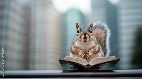 lone squirrel perched on city park bench surrounded by blurred skyscrapers making its own territory among bustling