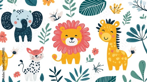 Adorable Cartoon Safari Animals Lion Giraffe Elephant Cat Illustration