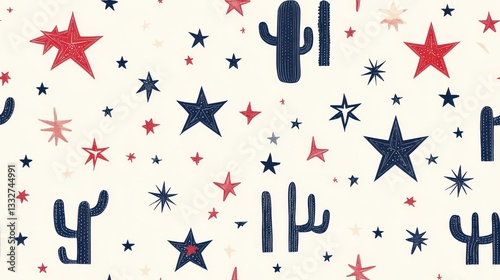 Seamless Pattern Featuring Iconic Elements of Texas in Minimalist Style with Stars and Cacti for Unique Designs and Backgrounds