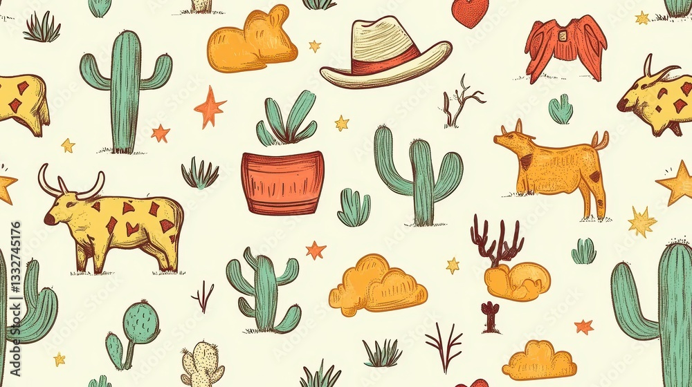 Obraz premium Playful Seamless Pattern Featuring Iconic Texas Elements Like Cacti, Hats, Stars, and Ranch Animals for Unique Design Projects and Backgrounds