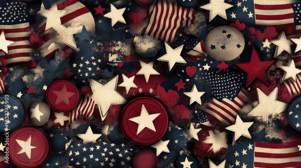 Obraz premium Iconic Seamless Pattern Featuring USA Elements with Realistic Stars and Stripes in a Vibrant Color Palette