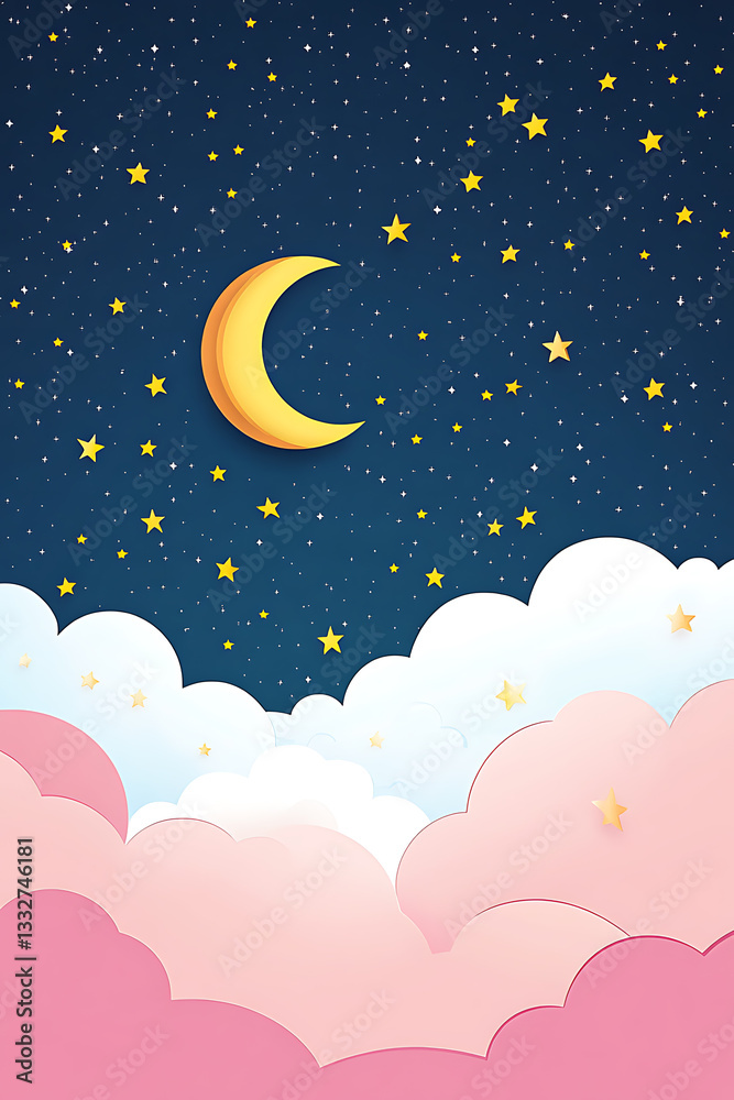 Beautiful night sky with crescent moon and colorful clouds fills the atmosphere with wonder and magic Beautiful night sky with crescent moon and colorful clouds fills the atmosphere with wonder and magic
