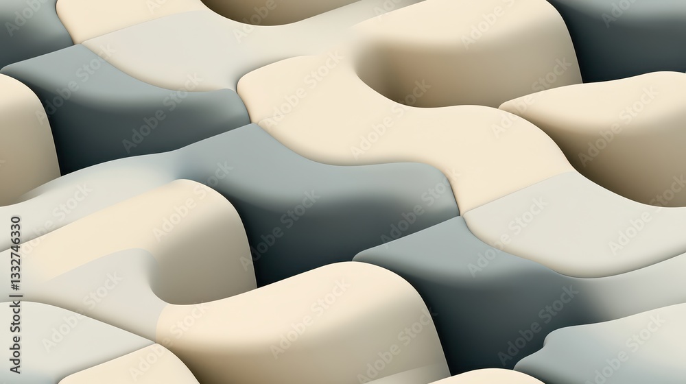 Obraz premium Interlocking Rounded Blocks in Smooth Seamless Pattern Showcasing Soft Tones of Cream and Gray for Modern Design Applications