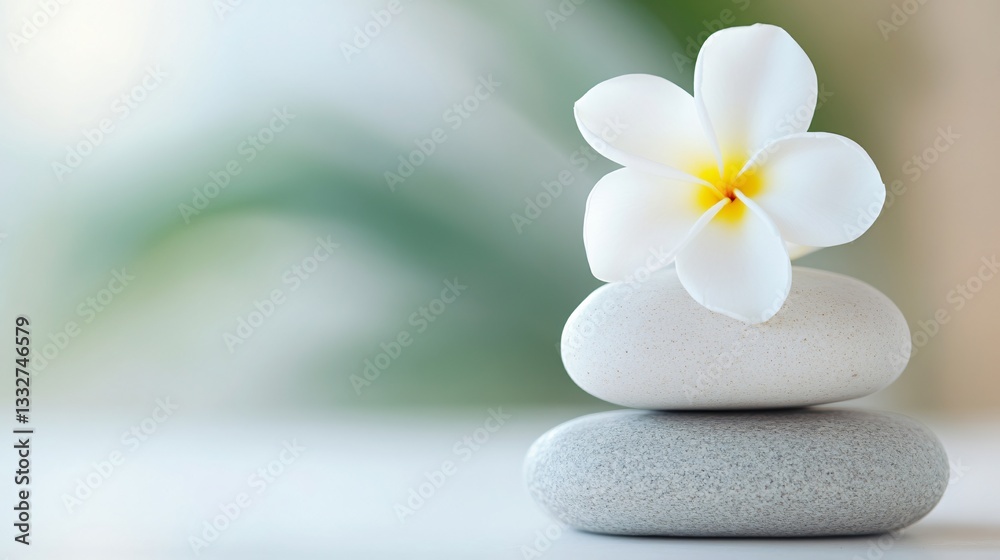 Zen garden scene, delicate white flower on smooth stones, tranquil atmosphere, perfect for wellness and relaxation themes. Zen garden scene, delicate white flower on smooth stones, tranquil atmosphere, perfect for wellness and relaxation themes.