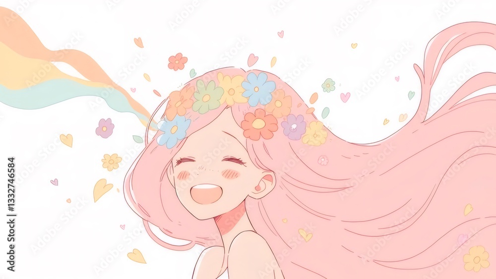 Joyful Girl with Pink Hair and Flower Crown in a Pastel Dreamscape Joyful Girl with Pink Hair and Flower Crown in a Pastel Dreamscape