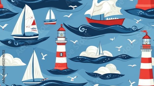 Captivating Seamless Pattern Featuring Sailboats and Lighthouses Surrounded by Gentle Waves and Whimsical Clouds in a Bright Color Palette